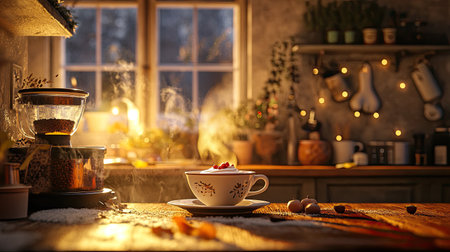 A cozy scene of a hot cup of coffee with a swirl of cream, steam rising in a warmly lit kitchen on a winter morning.の素材