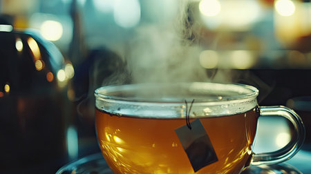 A close-up of a freshly brewed pot of tea, with steam rising and a tea bag string hanging from the side.の素材