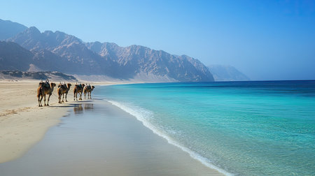 A camel caravan walking along the shoreline of a desert beach, with distant mountains and a clear blue sea.の素材