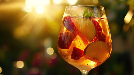 A close-up of a sparkling sangria with fruit chunks, in a wine glass, set against a lively garden party.の素材
