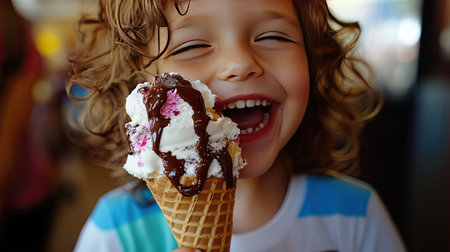 A child with an over-the-top ice cream cone, featuring three scoops of different flavors, whipped cream, and chocolate sauce.の素材