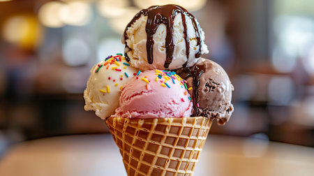 A close-up shot of a waffle cone filled with three scoops of different ice cream flavors, with rainbow sprinkles and a drizzle of chocolate syrup.の素材