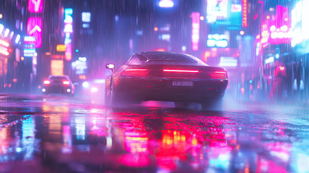 A night scene of a car driving down a rain-soaked street, with reflections of neon lights on the wet pavement.の素材