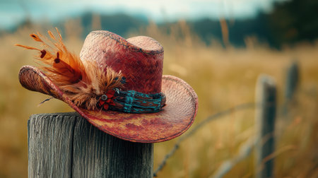 A close-up of a cowgirl's hat with a feather band, resting on a wooden fence post.の素材