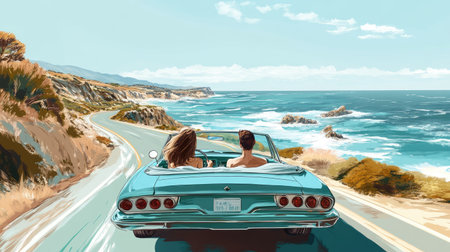 A convertible driving down a coastal road, with a couple enjoying the wind in their hair and the ocean view.の素材