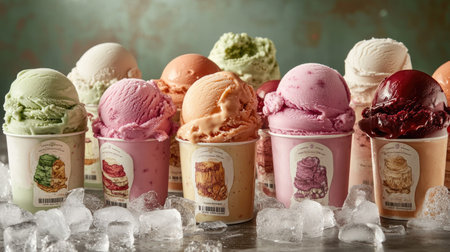 A collection of gourmet ice cream pints, each with a unique flavor label, stacked on a table with ice cubes scattered around.の素材