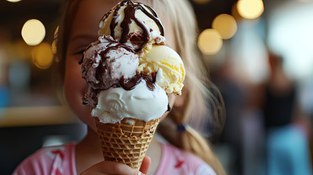 A child with an over-the-top ice cream cone, featuring three scoops of different flavors, whipped cream, and chocolate sauce.の素材