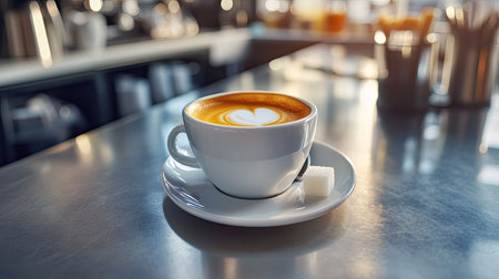 A cup of espresso with a spoon and a sugar cube on the side, placed on a sleek modern cafe counter.の素材