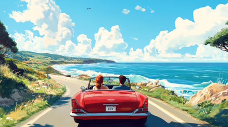 A convertible driving down a coastal road, with a couple enjoying the wind in their hair and the ocean view.の素材