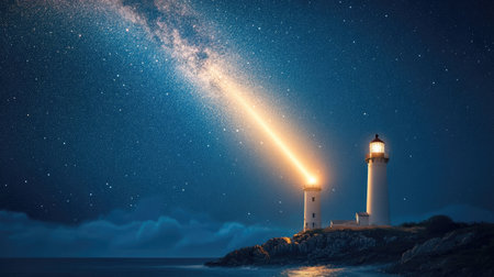 A coastal lighthouse beaming its light across a dark ocean under a star-filled sky, with the Milky Way above.の素材