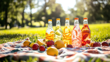 A colorful array of fruit-infused water bottles on a picnic blanket, with a sunny park scene in the background.の素材