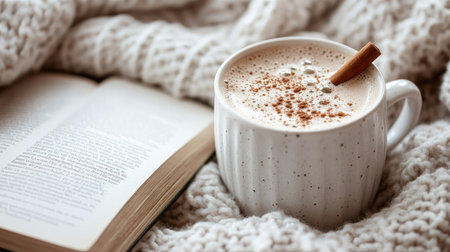A close-up of a creamy hot chocolate with a cinnamon stick, placed next to an open book and a cozy blanket.の素材