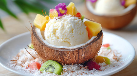 A creative ice cream presentation with a split coconut shell filled with coconut ice cream and topped with tropical fruit.の素材