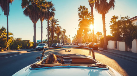 A convertible cruising through a city street lined with palm trees, capturing the essence of a sunny day.の素材