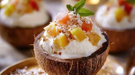 A creative ice cream presentation with a split coconut shell filled with coconut ice cream and topped with tropical fruit.の素材