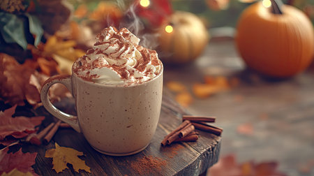 A cozy autumn setup with a hot pumpkin spice latte, topped with whipped cream and cinnamon, on a rustic table.の素材