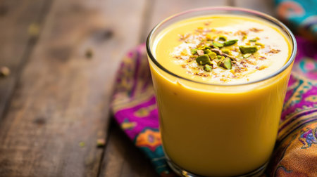A glass of fresh mango lassi with a sprinkle of saffron and pistachios, placed on a wooden table with a colorful cloth.の素材