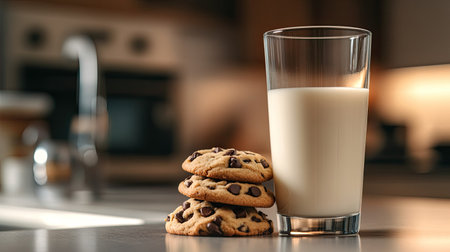 A glass of milk with a stack of cookies beside it, placed on a kitchen counter with a cozy, warm background.の素材
