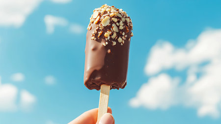 A hand-dipped ice cream bar with a chocolate coating and crushed almonds, held against a bright summer sky.の素材