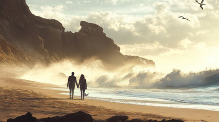 A couple walking hand in hand along a remote desert beach, with waves crashing and seagulls flying overhead.の素材