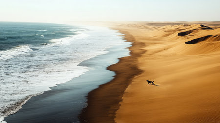 A dog running freely along a vast, empty desert beach, with the sea on one side and sand dunes on the other.の素材