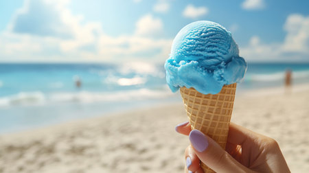 A hand holding an ice cream cone with a scoop of bright blue bubblegum flavor, set against a sunny beach background.の素材