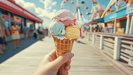 A hand holding a dripping ice cream cone with multiple flavors, set against a sunny seaside boardwalk.の素材