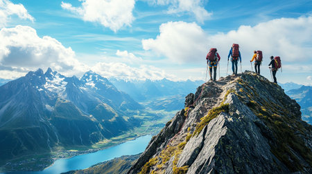 A group of mountain climbers reaching the summit of a rugged peak, with panoramic views of the surrounding landscape.の素材