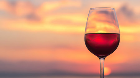 A glass of red wine with a sunset in the background, reflecting the warm hues of the sky.の素材