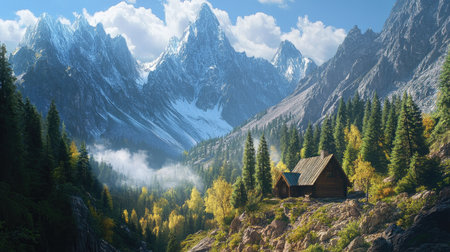 A remote cabin nestled in a mountain valley, surrounded by towering peaks and a dense forest.の素材