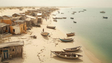 A remote fishing village on a desert beach, with small boats moored on the sand and huts along the shoreline.の素材
