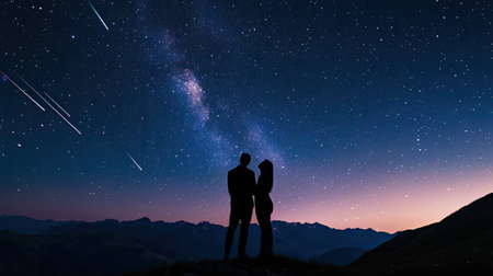 A silhouetted couple stargazing on a hilltop, with a panoramic view of the Milky Way and shooting stars overhead.の素材