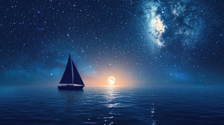 A sailboat drifting on a calm ocean, silhouetted against a star-filled sky with a bright moon in the background.の素材