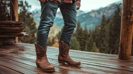A rugged man wearing a plaid flannel shirt and cowboy boots, standing on a wooden porch with a mountainous backdrop.の素材