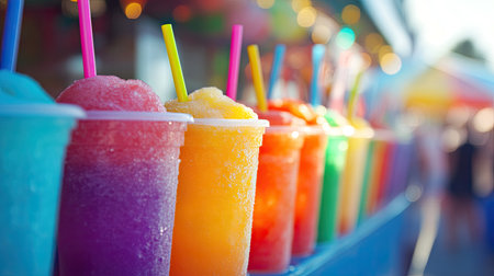 A row of colorful slushies in plastic cups with straws, displayed at a summer fairground.の素材