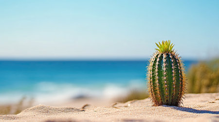 A single cactus growing on a sandy desert beach, with the blue ocean and a clear sky in the background.の素材
