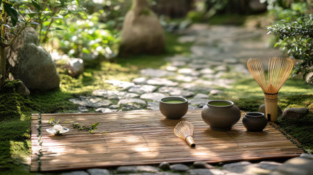 A traditional Japanese tea ceremony setup with matcha tea, whisk, and bamboo mat, set in a serene garden.の素材
