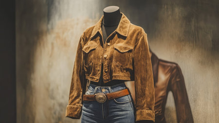 A stylish cowgirl outfit displayed on a mannequin, featuring a suede jacket, denim jeans, and a wide leather belt.の素材