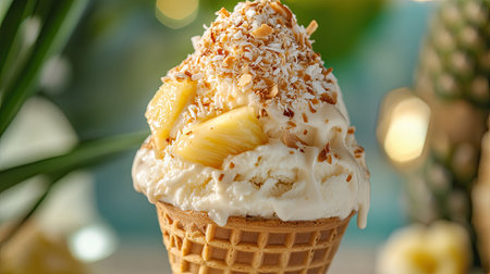 A tropical-themed ice cream cone with flavors like coconut and pineapple, topped with toasted coconut flakes.の素材