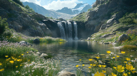 A serene mountain landscape with a small, hidden waterfall cascading into a crystal-clear pool surrounded by wildflowers.の素材