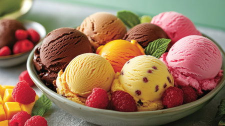 A vibrant display of ice cream scoops in a bowl, featuring flavors like mango, raspberry, pistachio, and chocolate chip, garnished with fresh fruit.の素材
