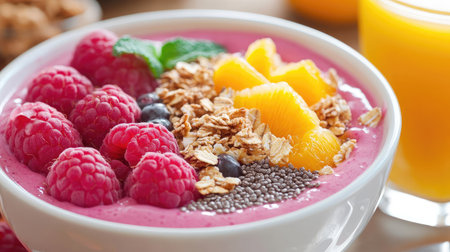 A smoothie bowl topped with fresh fruit, granola, and chia seeds, with a glass of orange juice beside it.の素材