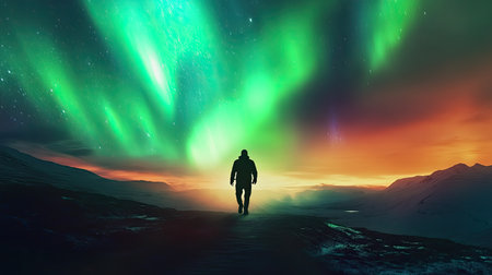 A silhouette of a lone traveler walking along a path under a sky illuminated by the Northern Lights.の素材