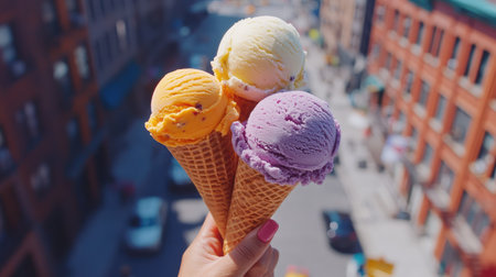A top-down shot of a hand holding three different ice cream cones with bright flavors like mango, blueberry, and coconut, against a city street background.の素材