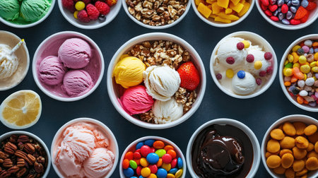 A top-down view of a vibrant ice cream sundae bar with various toppings like nuts, candy, fruit, and sauces, with colorful scoops in the center.の素材