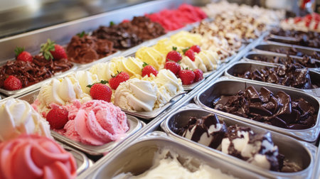 An ice cream parlor counter filled with metal tubs of different flavors, from bright strawberry to deep chocolate fudge.の素材