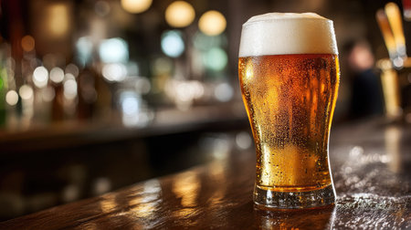 An ice-cold glass of beer with a thick foam head, sitting on a wooden bar with blurred patrons in the background.の素材