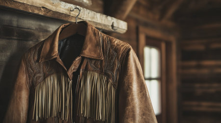 A vintage western leather jacket with fringe, hanging on a wooden peg in a rustic cabin.の素材