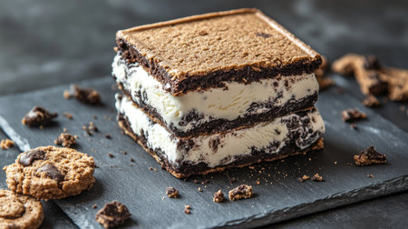 An ice cream sandwich with layers of cookies and cream ice cream, placed on a slate board with crumbled cookie pieces around.の素材