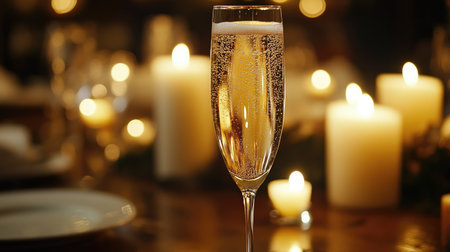 An elegant glass of champagne with bubbles rising, set against a romantic candle-lit dinner setting.の素材